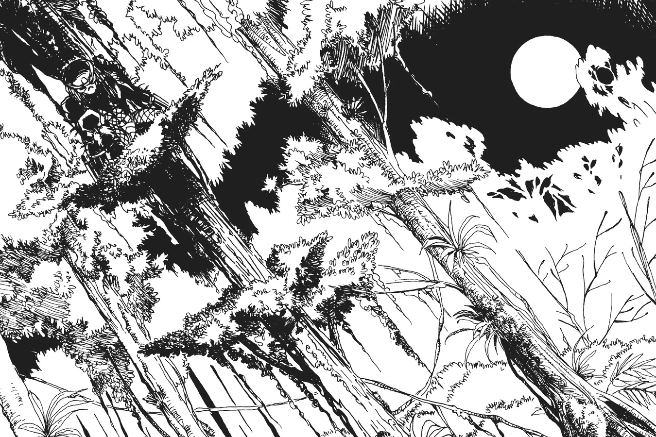 A Predator crouches high in a cypress tree under a full moon as it watches the swamp below in Predator: God's Truth