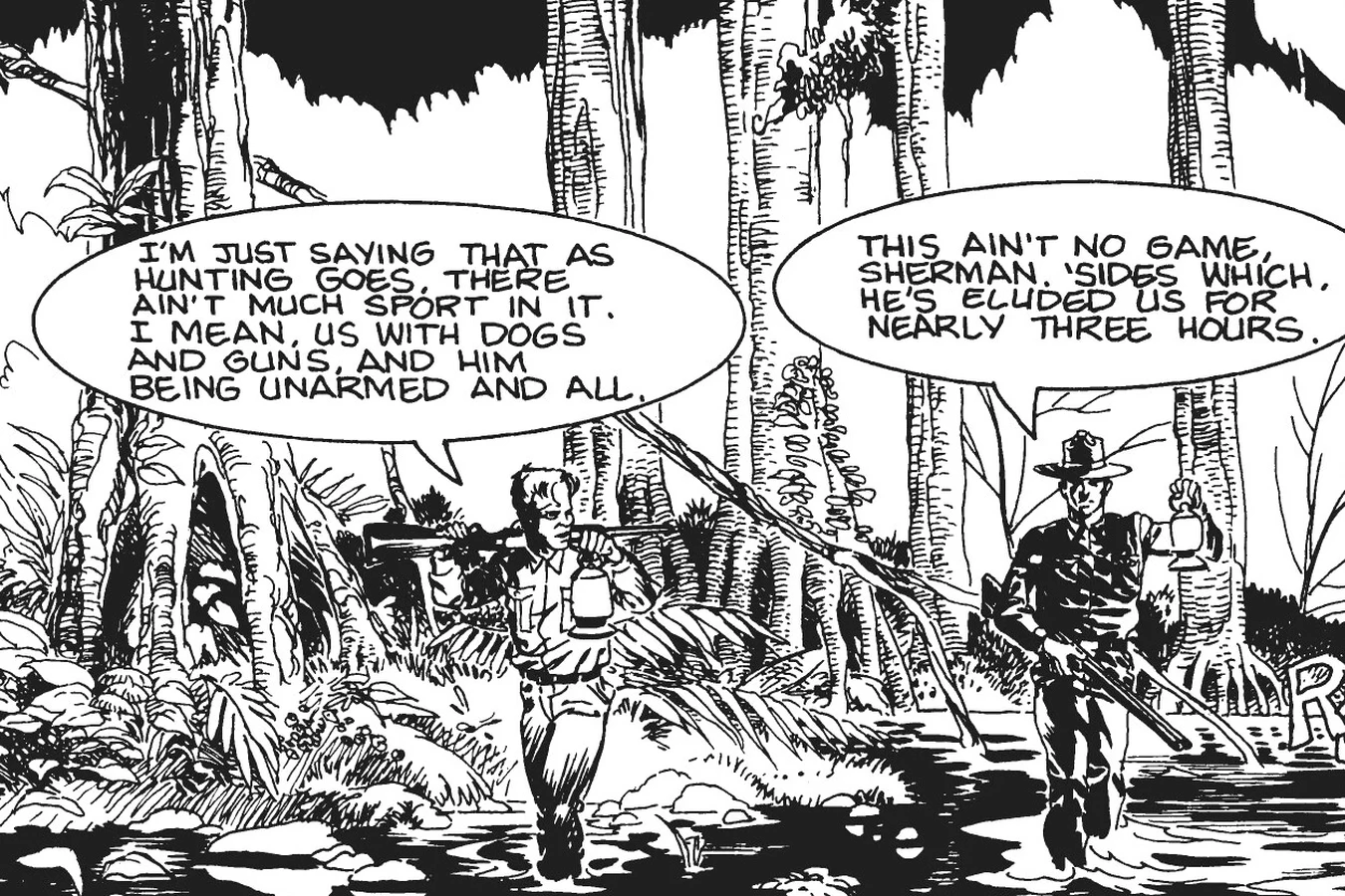 Sherman and the lead guard wading through the moonlit cypress swamp with a rifle and a lantern as they argue about the hunt in Predator: God's Truth