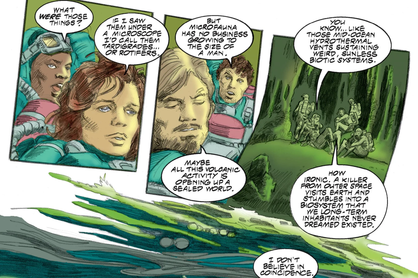 Cromartie's divers discuss microfauna and volcanic heat inside a sealed underwater ecosystem