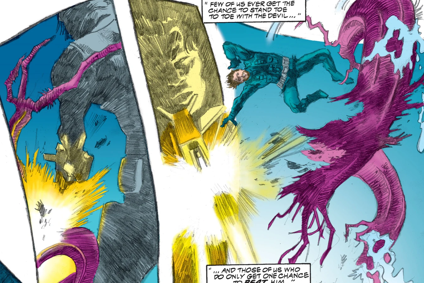 The Predator fires an energy weapon at the purple tentacled creature while divers flee