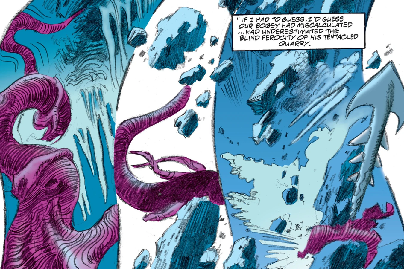 Survivors fight free as the cavern collapses around the Predator and the tentacled worm