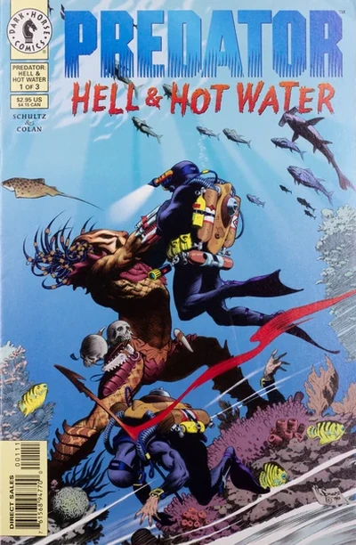 Mark Schultz's cover for Predator: Hell & Hot Water #1 (April 1997), with a Predator fighting scuba divers underwater below the title logo