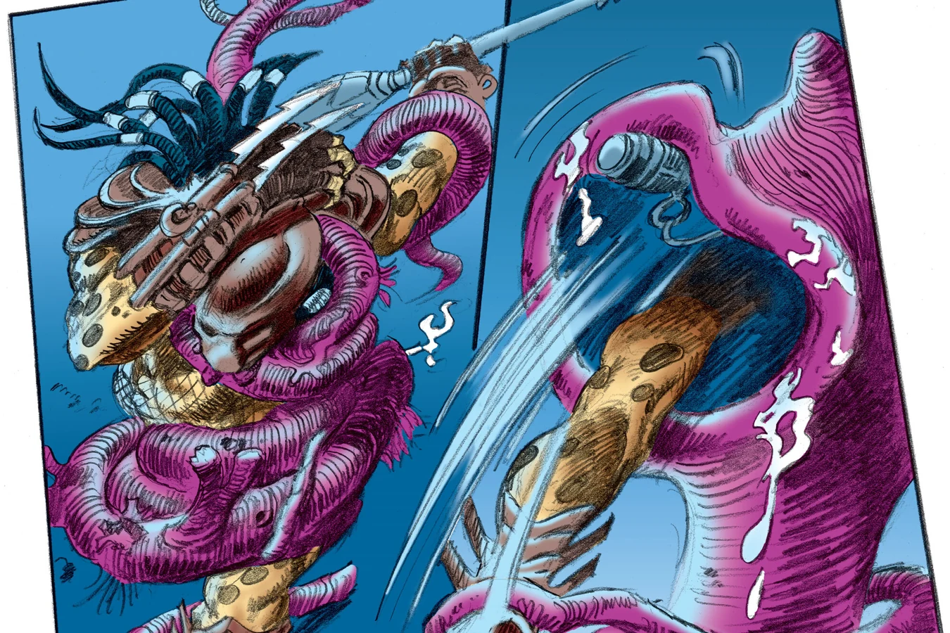 A huge magenta tentacle seizes a diver while Cromartie's team fights in the cavern