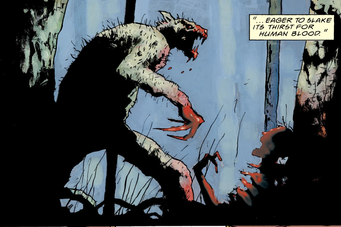 A pale feral Predator hunched over a bloody kill in a dark Ozark forest as Standing Bear's cannibal-spirit story unfolds, from Predator: Hell Come a Walkin'