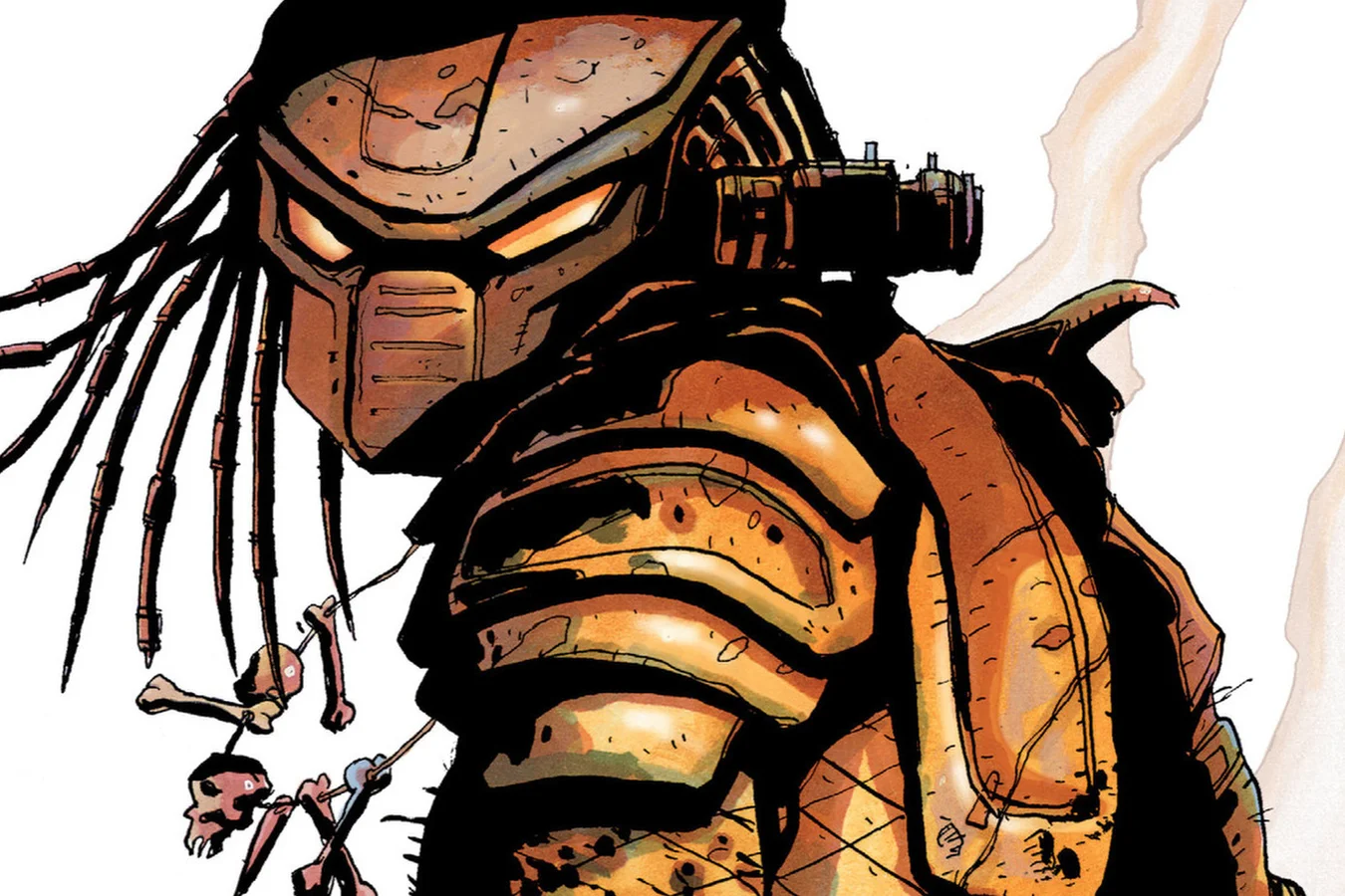A close view of the Ozarks Predator in a weathered bronze bio-mask with bone trophies on its armor, from Predator: Hell Come a Walkin'