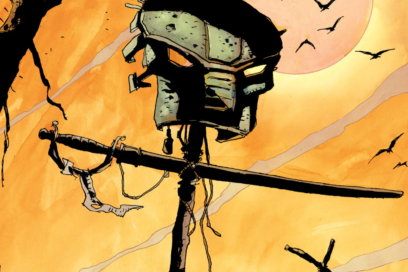 A Predator bio-mask mounted on a wooden grave stake with a cavalry saber tied across it against an orange Ozark sunset, from Predator: Hell Come a Walkin'