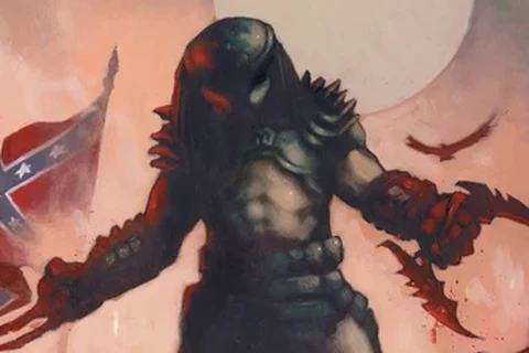 Dean Ormston's painted cover for Predator: Hell Come a Walkin', with a Predator standing over a fallen Confederate soldier on a Civil War battlefield