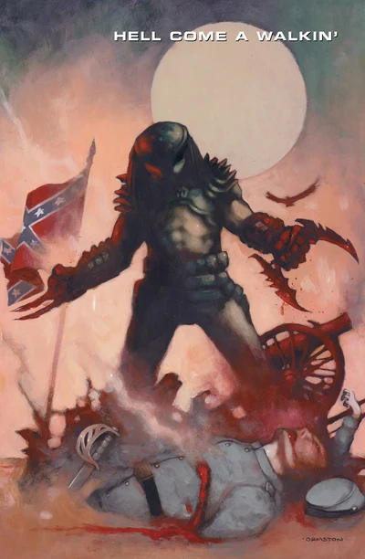 Dean Ormston's painted cover for Predator: Hell Come a Walkin' (1998), with a Predator standing over a fallen Confederate soldier beneath a pale moon