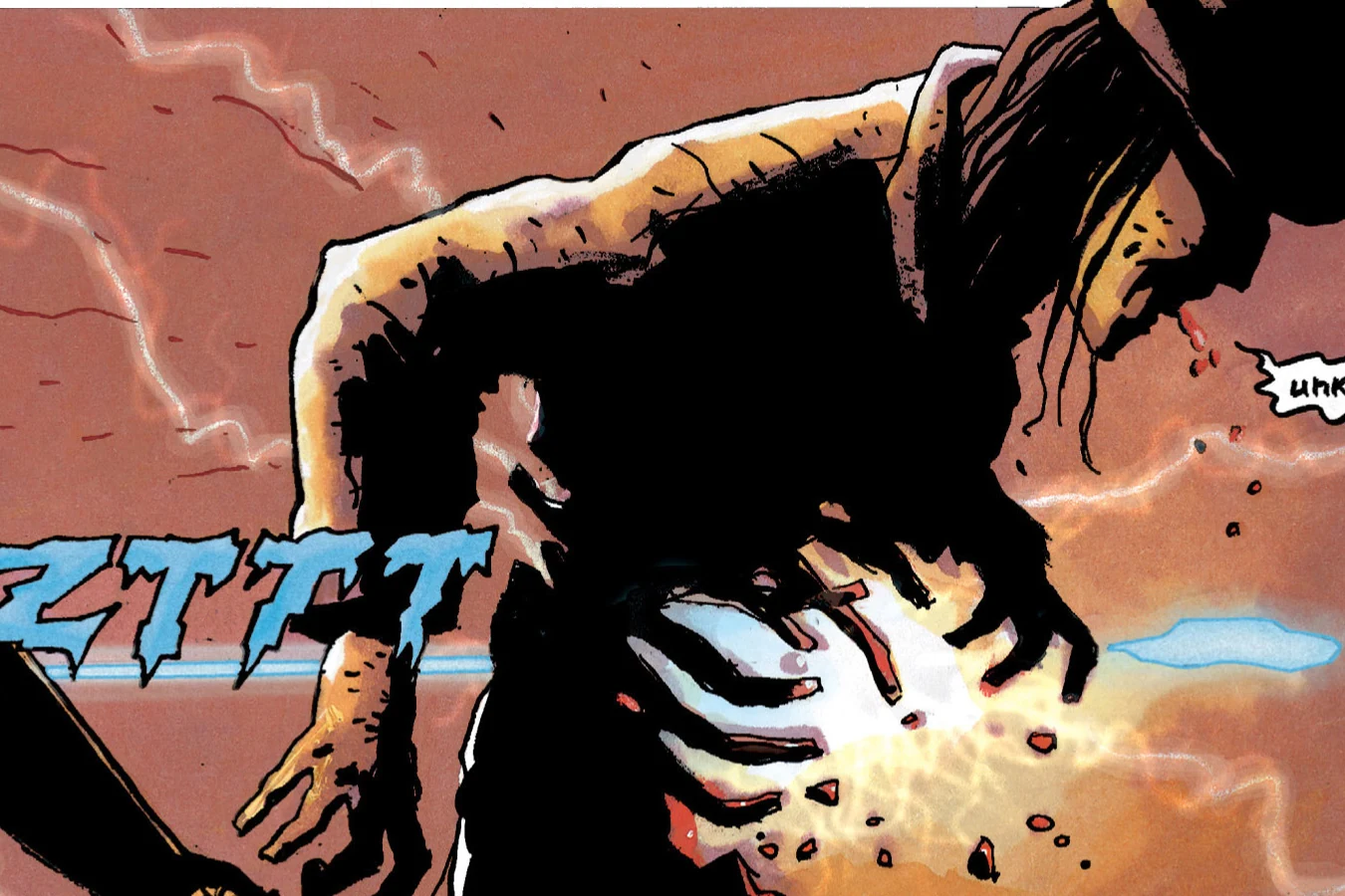 Standing Bear hit by a Predator plasmacaster blast that lights his ribs through his coat, from Predator: Hell Come a Walkin'
