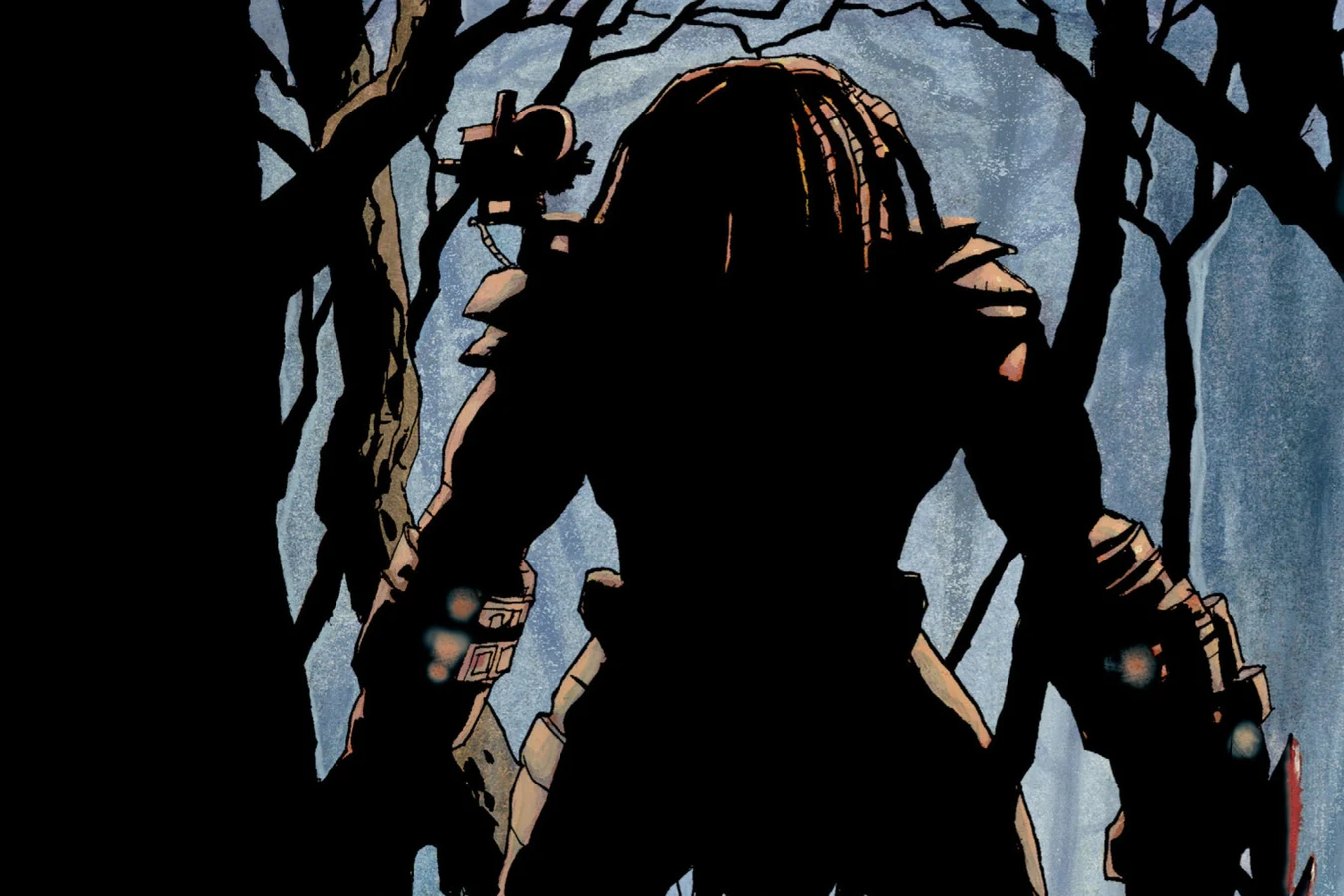 Silhouette of the Predator from behind in a dark Ozark forest, shoulder cannon and wristblade visible, from Predator: Hell Come a Walkin'