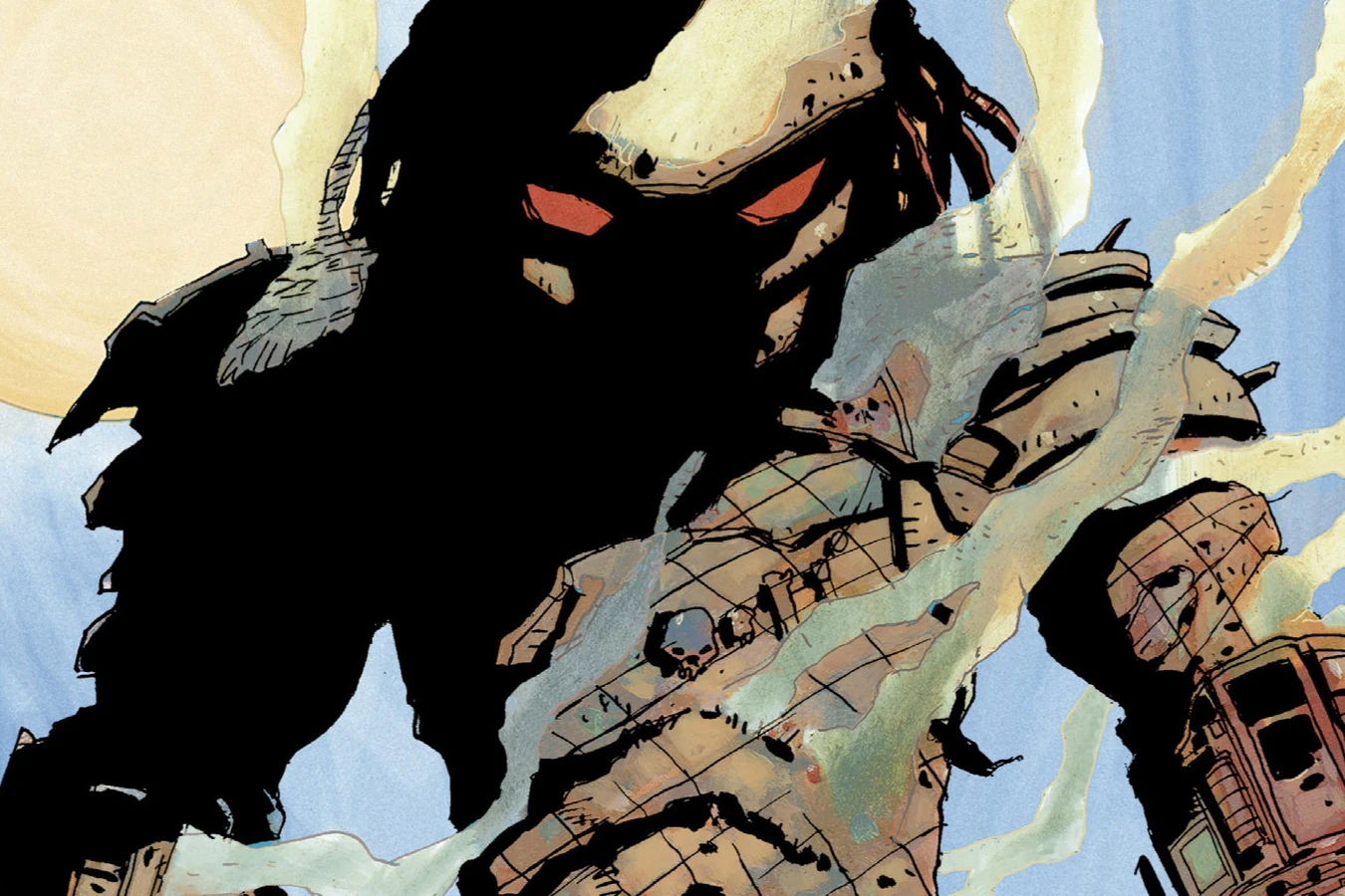 The Predator stands in smoke after the cannon blast with red eyes glowing in a shadowed bio-mask, from Predator: Hell Come a Walkin'