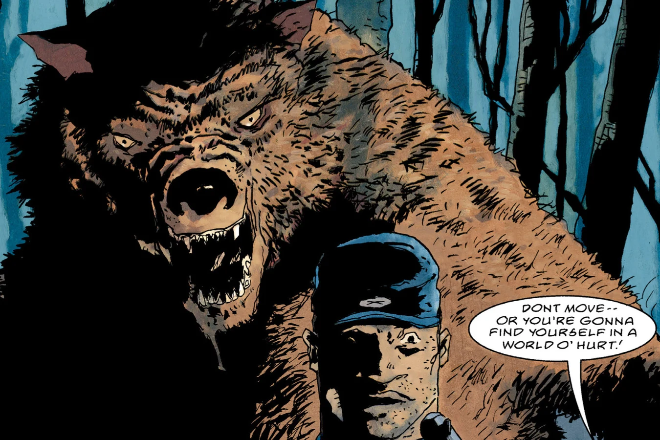 A roaring grizzly bear looms behind a Union soldier in a blue kepi in the dark Ozark woods, from Predator: Hell Come a Walkin'