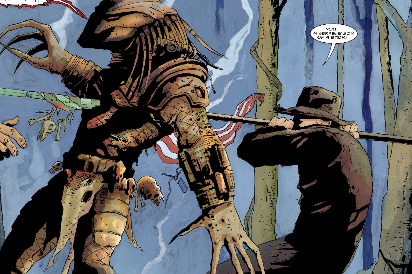 Jesse James impales the Predator through the torso with a spear as a tattered Union flag hangs behind them, from Predator: Hell Come a Walkin'