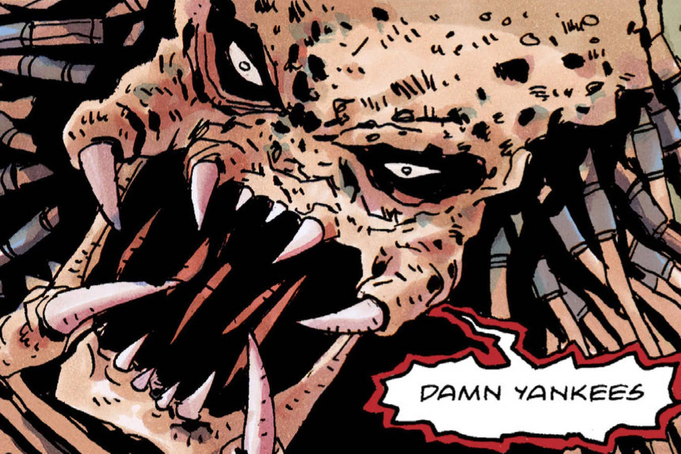 Close-up of the unmasked Ozarks Predator roaring with mandibles open, from Predator: Hell Come a Walkin'