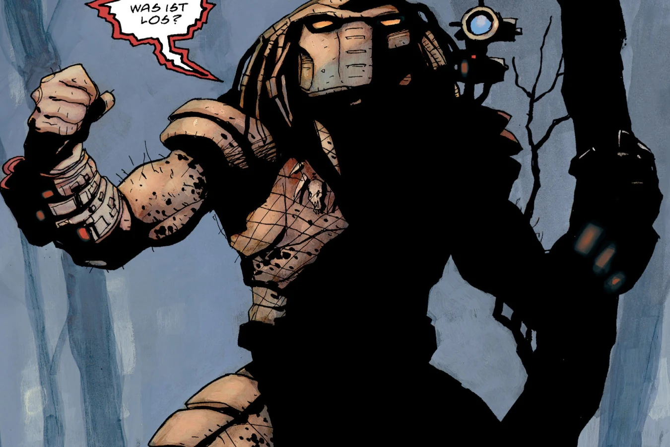 The Ozarks Predator stands in a misty forest with fist clenched and plasma caster ready, from Predator: Hell Come a Walkin'