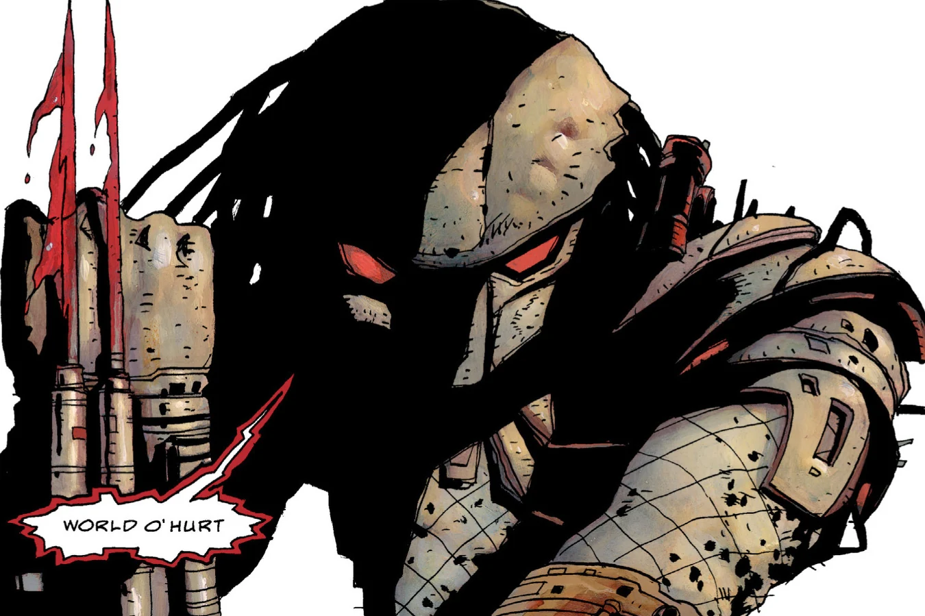 The Ozarks Predator waist-up with red eyes and bloody wrist blades, from Predator: Hell Come a Walkin'