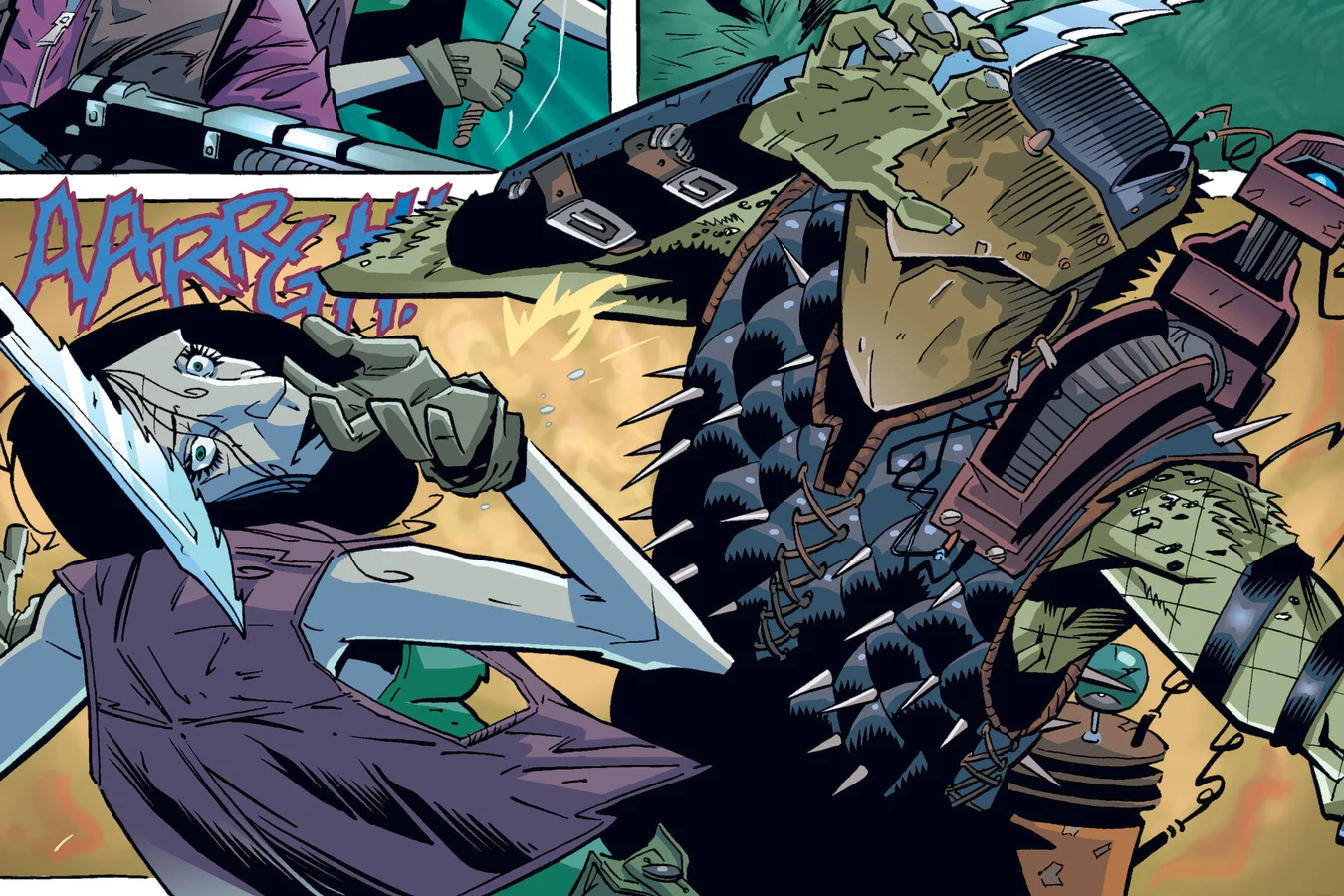 A Bad Blood Predator in spiked armor lunges at Maya Bergstrom as she reels back screaming in Predator: Homeworld