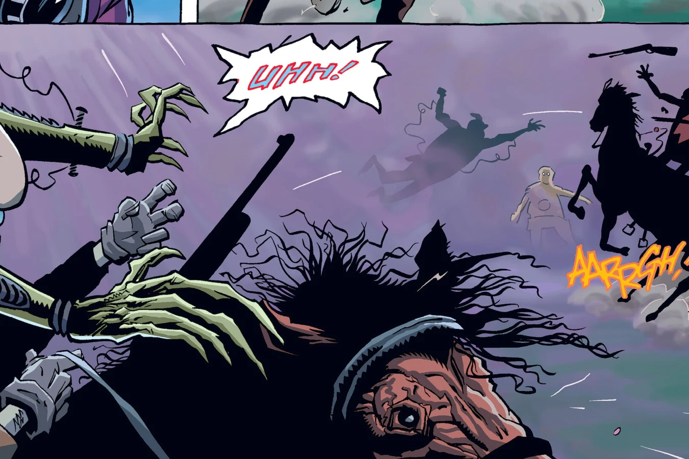 Bad Blood Predator claws seize a horse as park rangers are thrown from their mounts in a purple haze in Predator: Homeworld