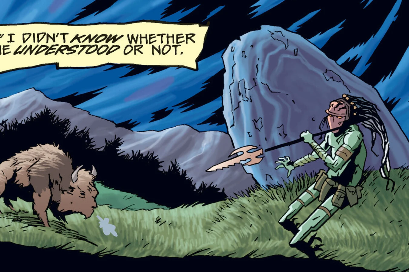 An elder Predator plants his spear and faces a charging bison on a Yellowstone ridge in Predator: Homeworld