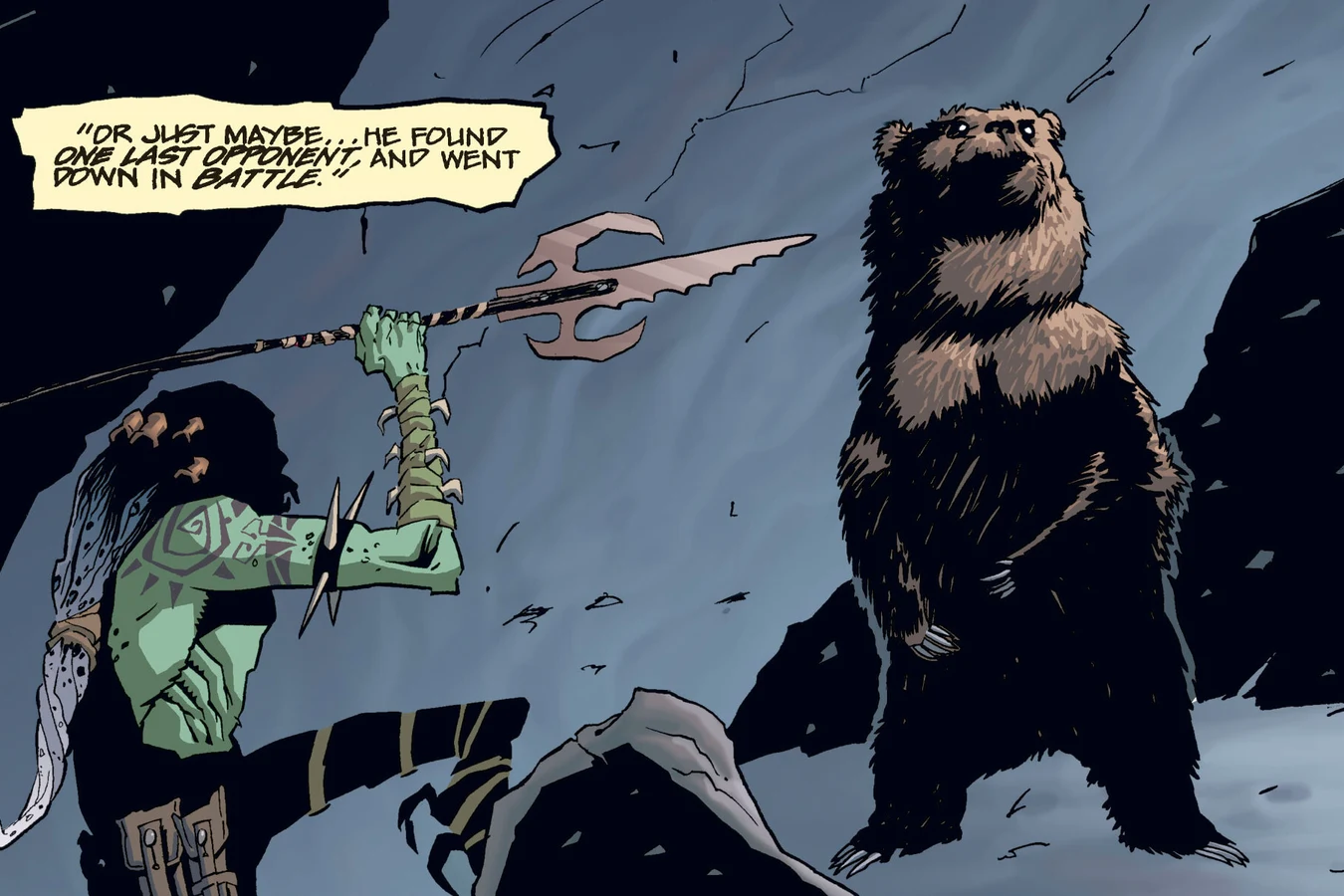 An elder Predator raises a serrated spear inside a dark cave as a grizzly bear rears opposite him in Predator: Homeworld