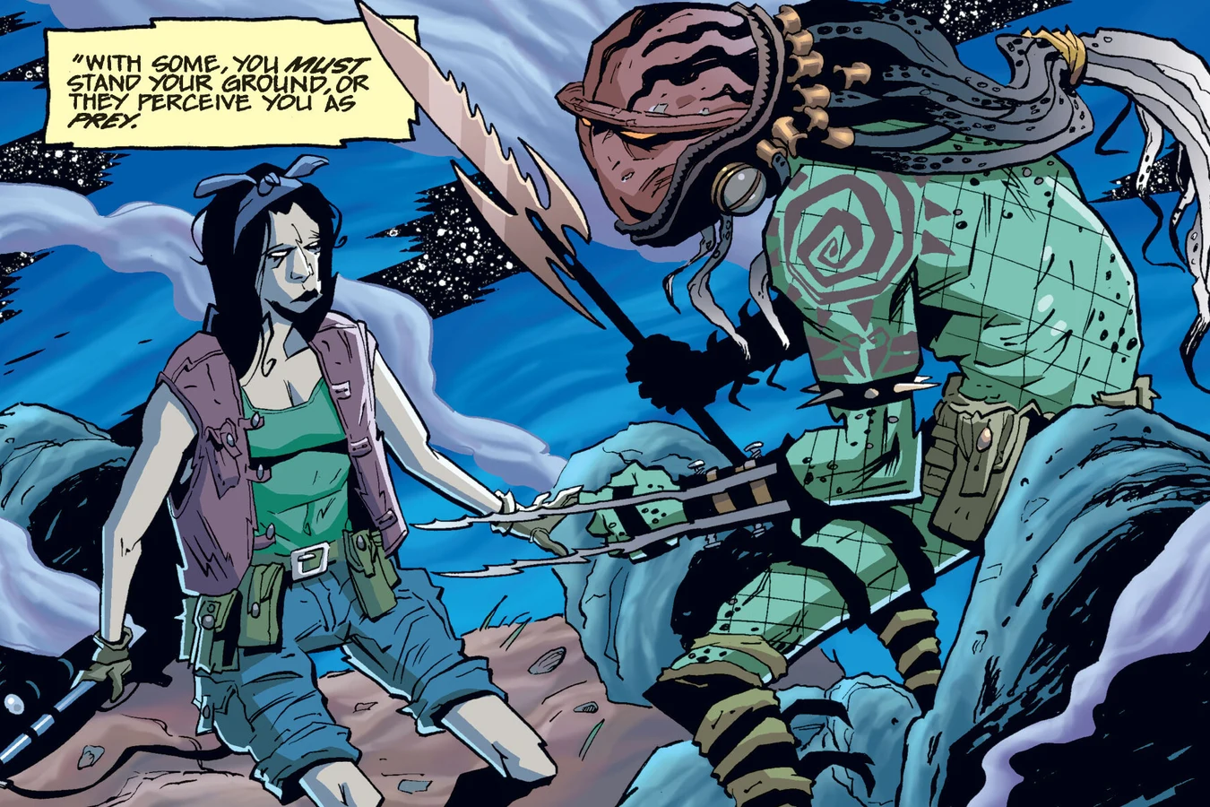 An unmasked elder Predator with a two-pronged spear stalks Maya Bergstrom and a companion up a grassy Yellowstone hillside at dusk in Predator: Homeworld