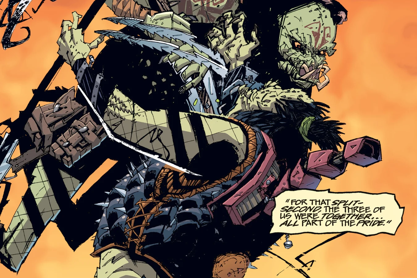 An unmasked Predator with red markings fights under an orange sky as Maya Bergstrom is caught in the clash in Predator: Homeworld
