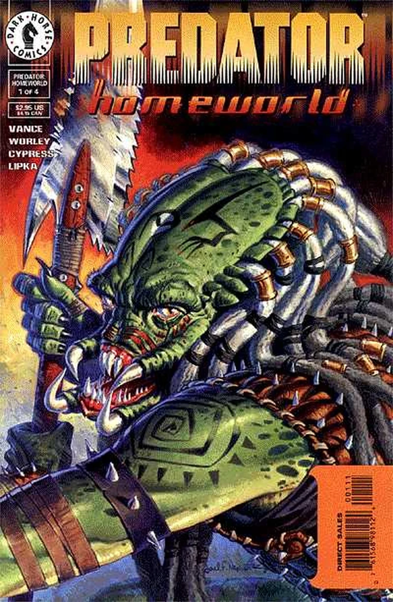 Joel Naprstek's painted cover for Predator: Homeworld #1 (March 1999), with an unmasked Predator holding a serrated polearm against firelight