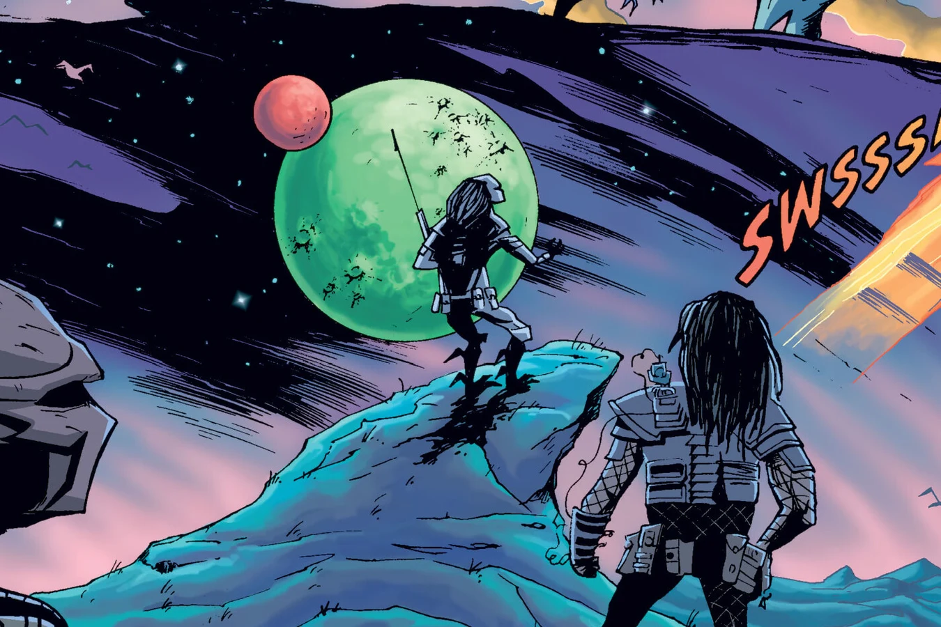 A Predator ship lifts from a rocky homeworld under moons while hunters watch from a ridge in Predator: Homeworld