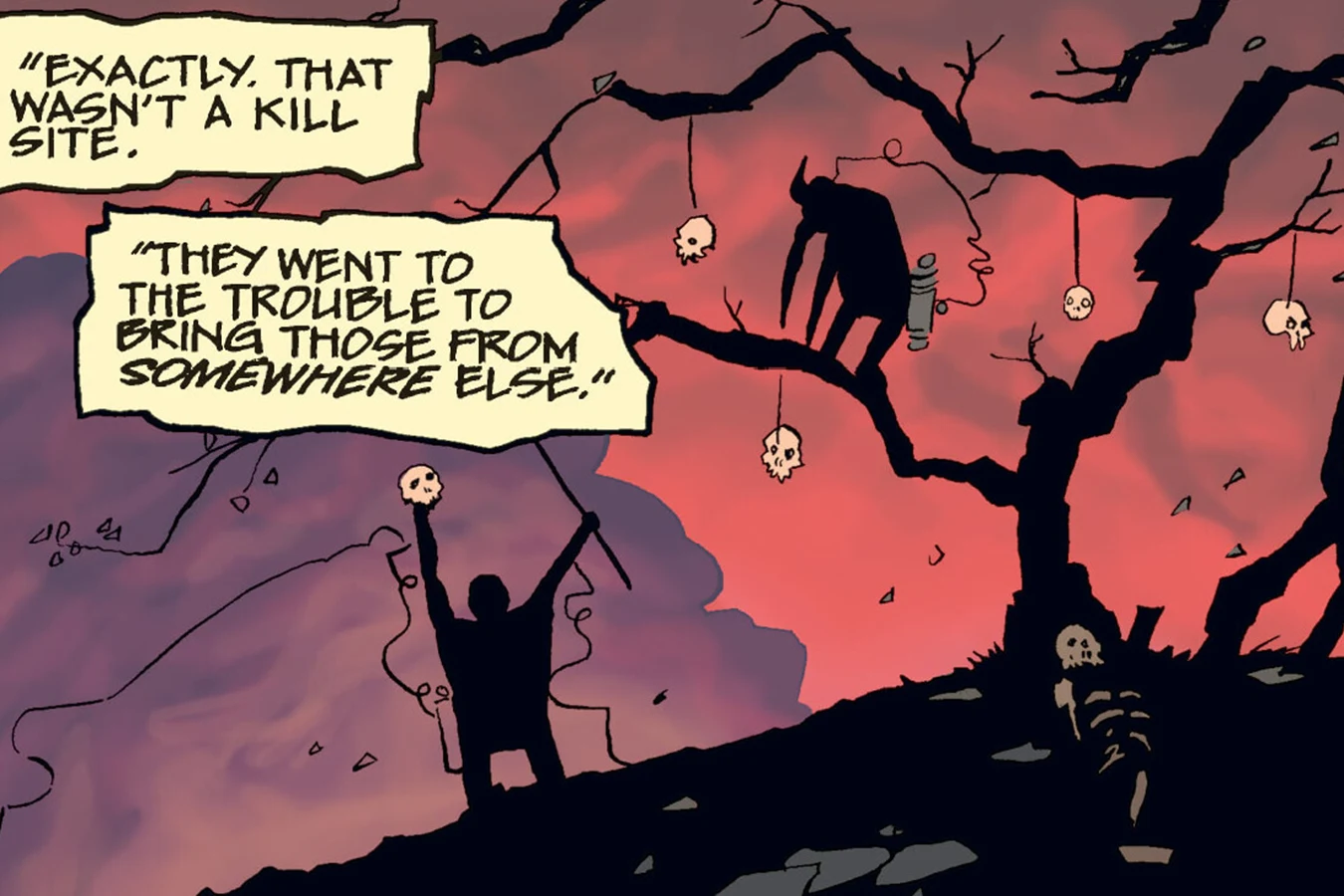 Human skulls hang from tree ropes while a Bad Blood Predator waits nearby and distant figures stand on a ridge in Predator: Homeworld