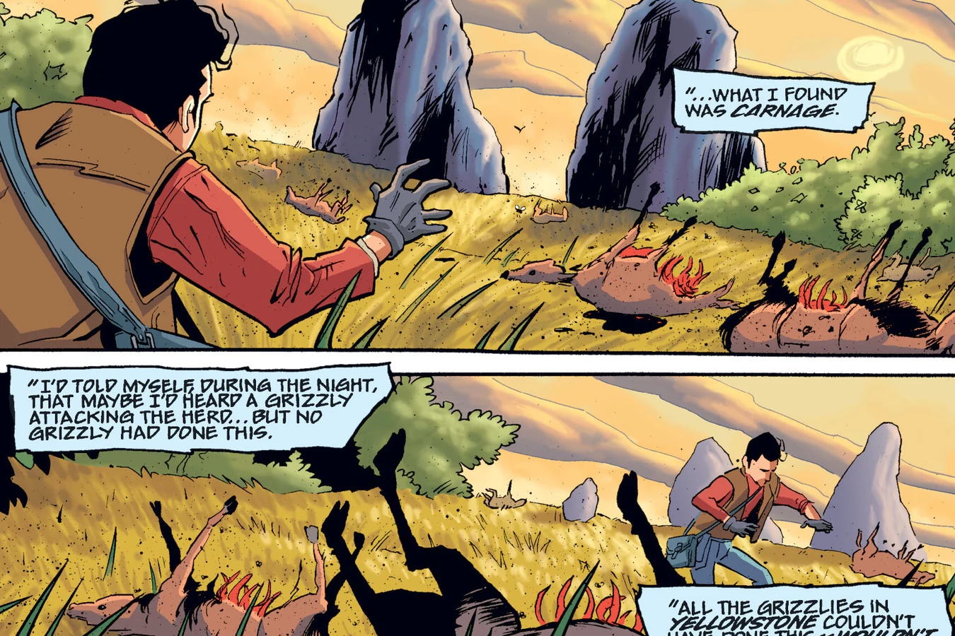 George Sperling discovers butchered elk carcasses in a Yellowstone meadow under rock spires in Predator: Homeworld