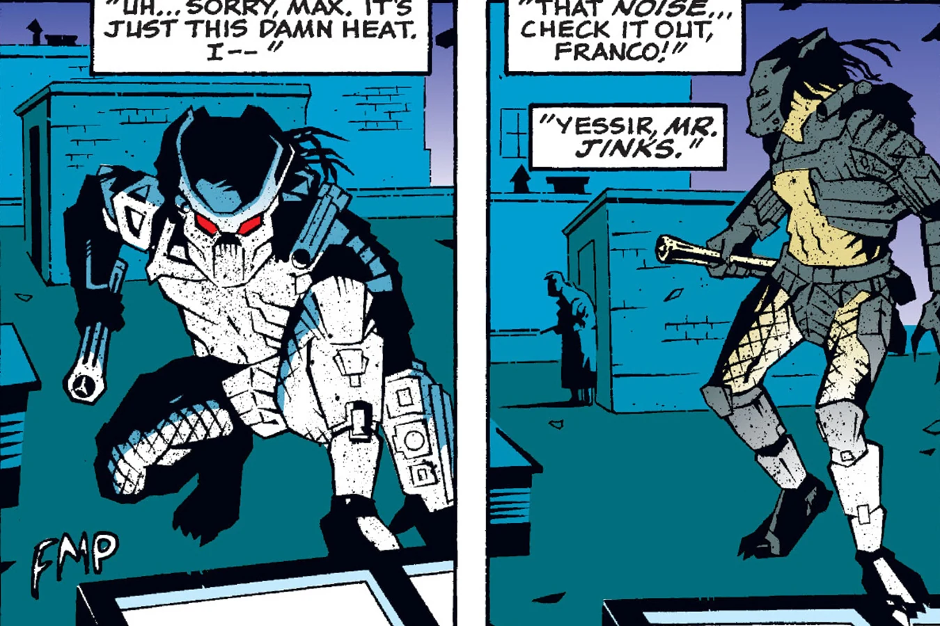 Crime boss Bernie Jinks confronting Max at his waterfront fish market hideout in Predator: The Hunted City