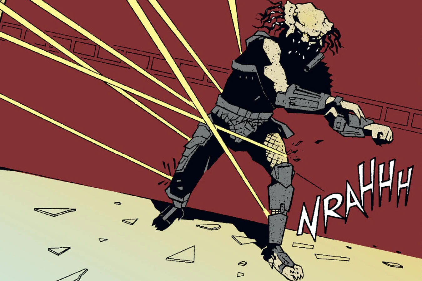 Yellow tracer fire striking the Predator as it roars NRAHHH in a red-walled room in Predator: The Hunted City