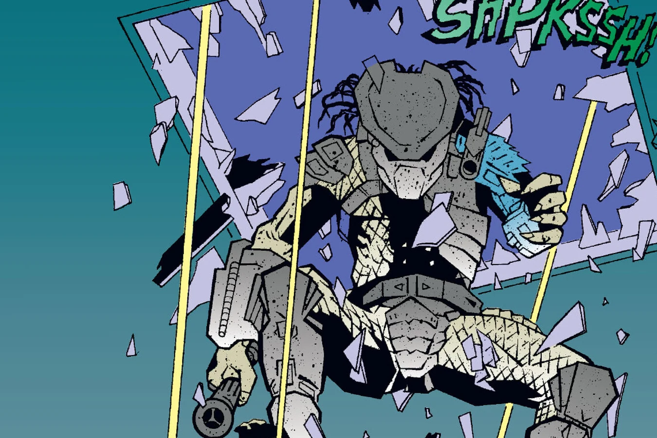 The Predator crashing down through a skylight in a shower of glass as gangsters fire up at it in Predator: The Hunted City
