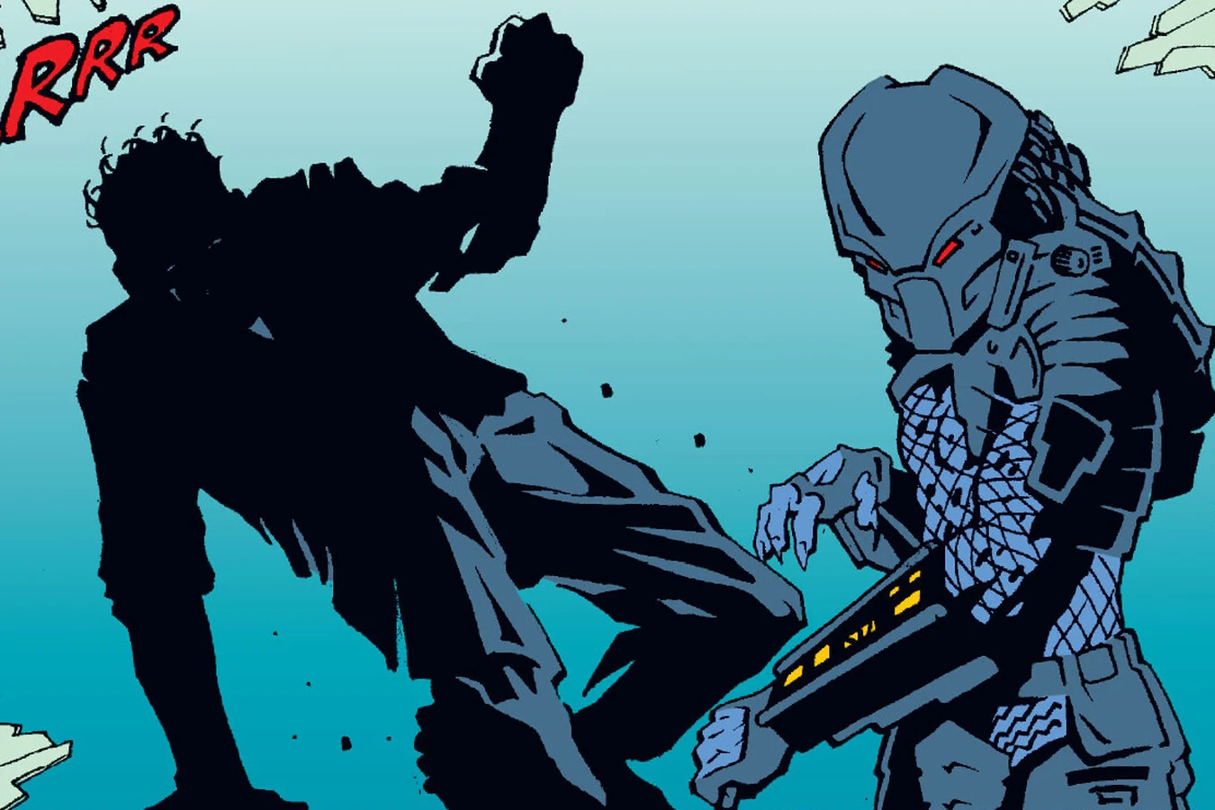 A silhouetted Tony Vincenzo staggering back as the masked Predator works the device on its wrist in Predator: The Hunted City