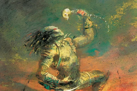 George Pratt's painting of a kneeling Predator raising a skull and spine, from Predator: The Hunted City