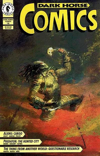 George Pratt's cover for Dark Horse Comics #16 (December 1993), with a kneeling Predator raising a skull and spine