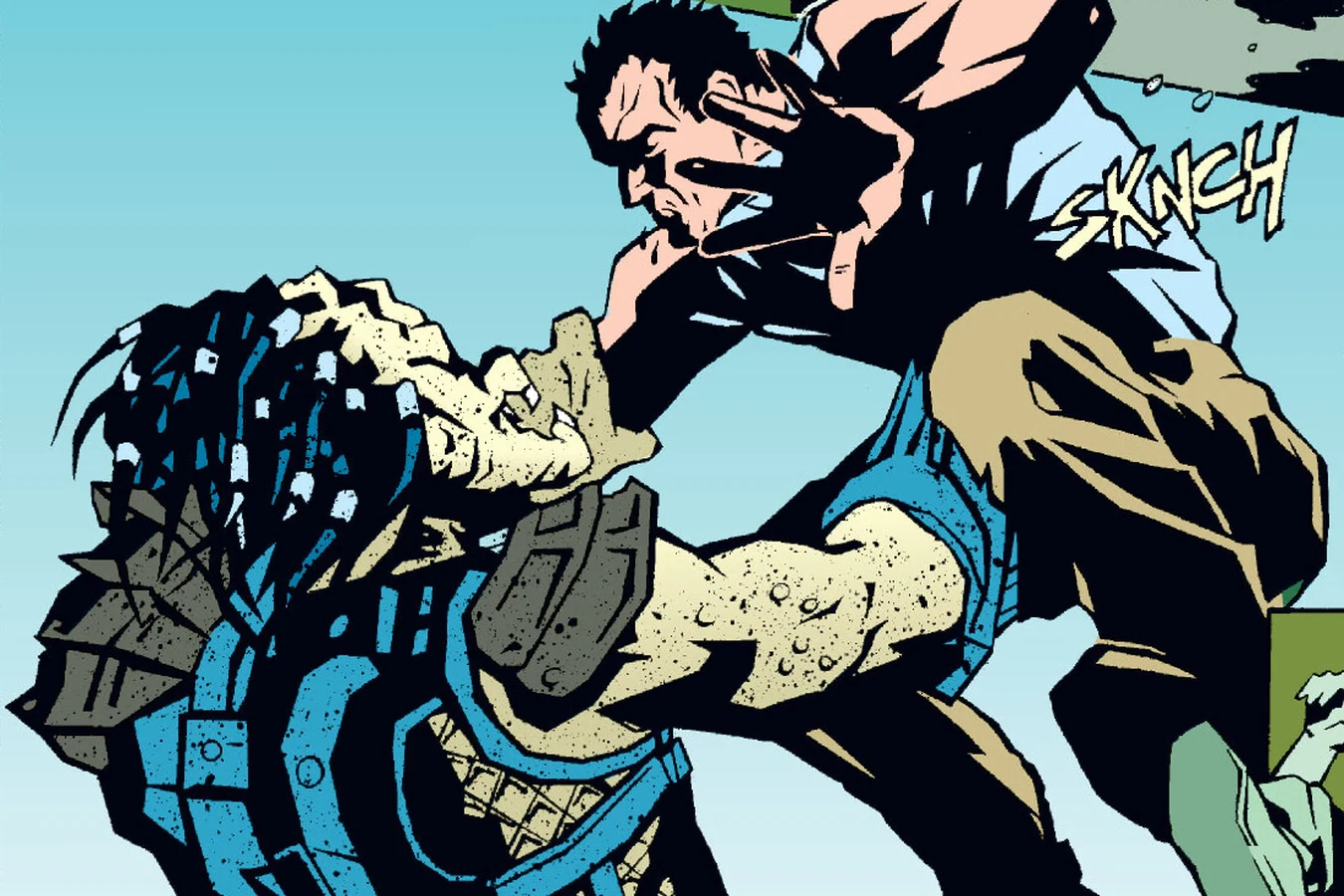 The Predator seizing Tony Vincenzo by the head and lifting him off his feet in Predator: The Hunted City