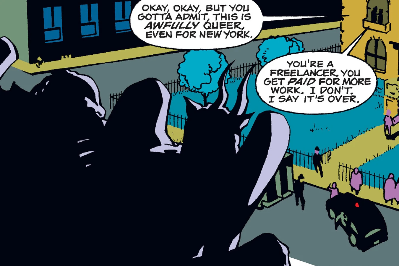 Silhouetted Predators crouched on a rooftop watching Max and Detective Tooley talk on the street below in Predator: The Hunted City