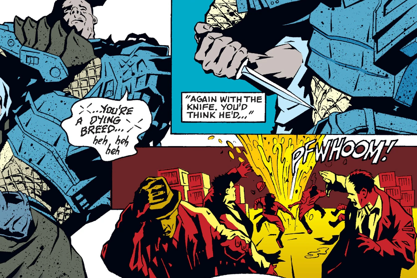 The wounded Predator laughing that Vincenzo is a dying breed beside panels of Max driving the knife into its side and a fiery PFWHOOM blast in Predator: The Hunted City