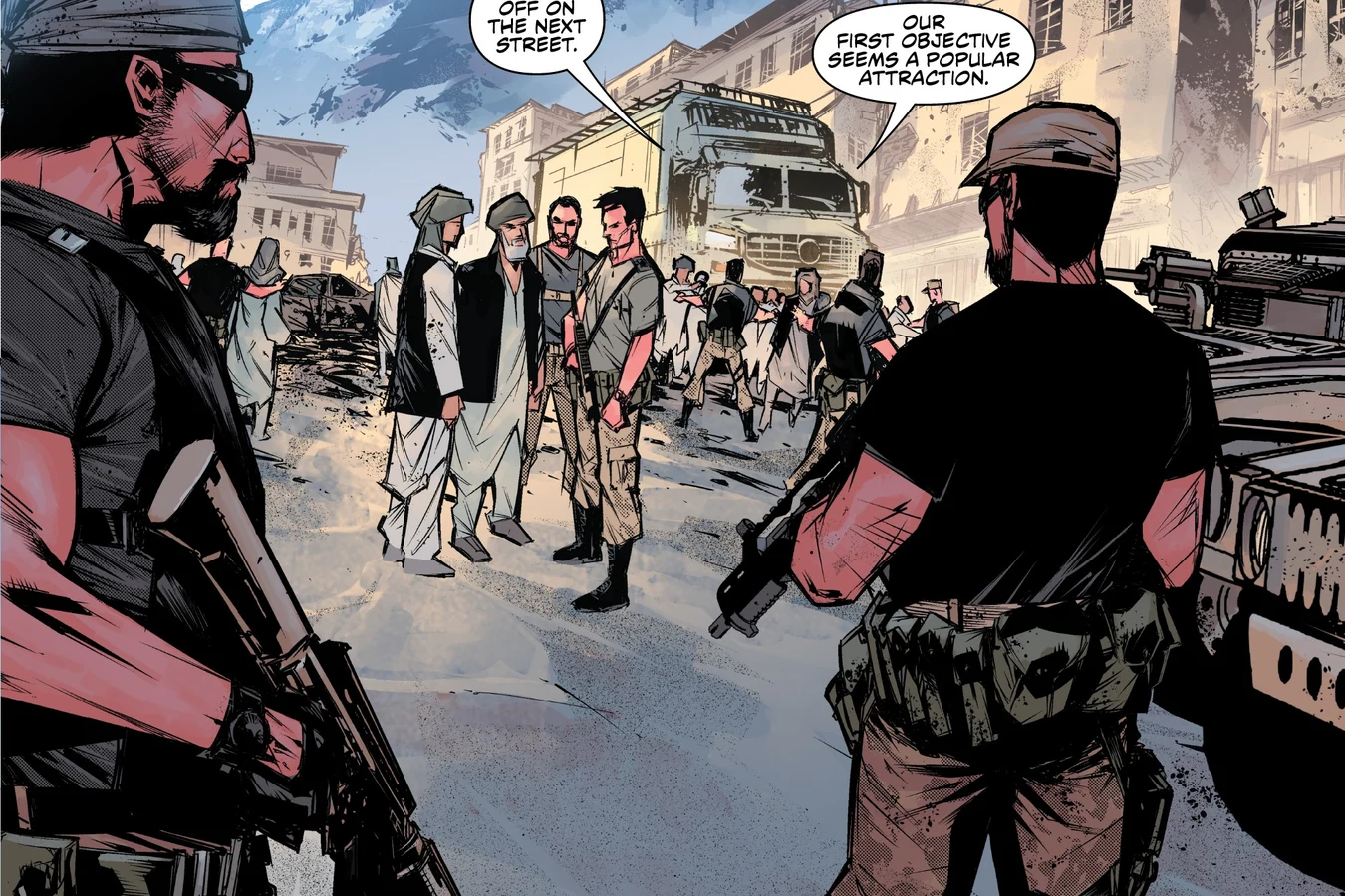 Armed men stand guard in the street outside the murder house in eastern Afghanistan in Predator: Hunters II