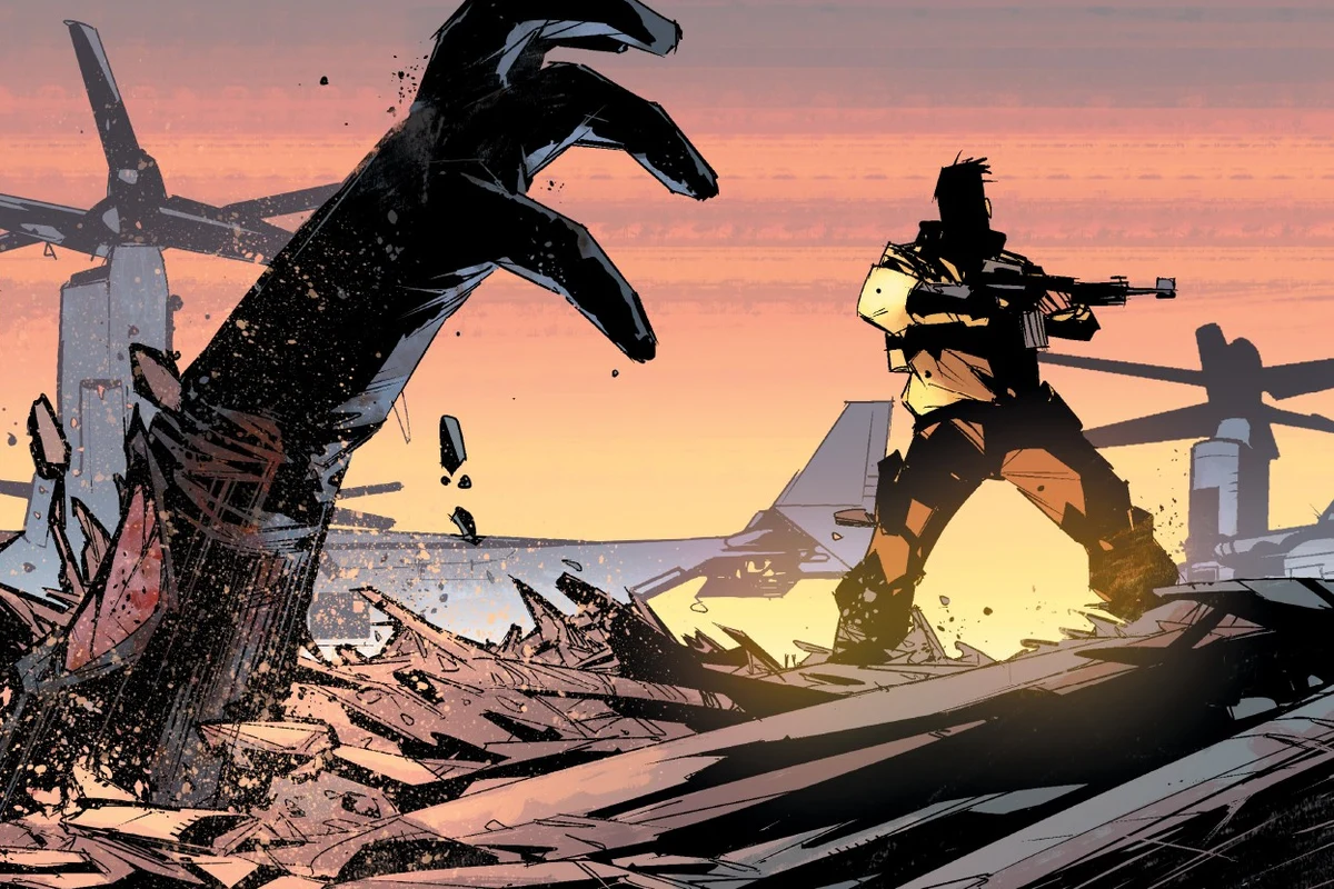 A burned hand rises from the rubble behind a salvage worker on Tehua Island in Predator: Hunters II