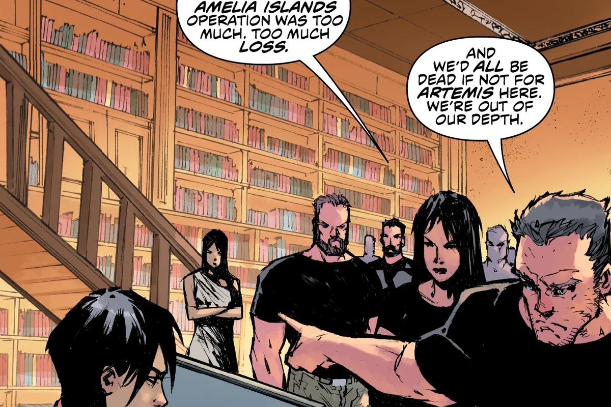Members of Jaya Soames's crew resign in her library after the Amelia Islands operation in Predator: Hunters II