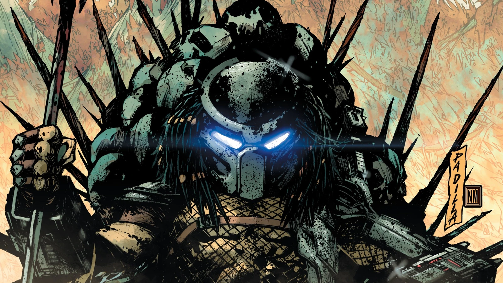 A Predator with glowing blue eyes grips a spear among autumn trees in Agustin Padilla's art for Predator: Hunters II #2