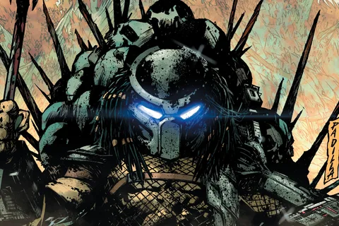 A Predator with glowing blue eyes grips a spear among autumn trees in Agustin Padilla's art for Predator: Hunters II #2