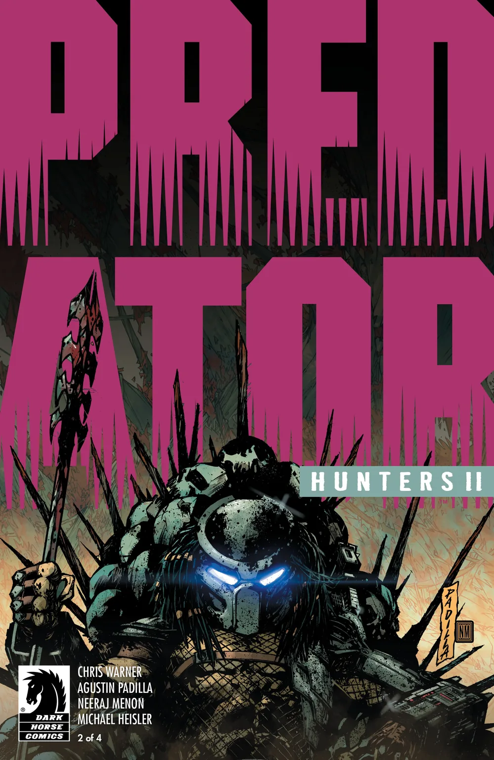 Agustin Padilla's cover for Predator: Hunters II #2, with a spear-wielding Predator with glowing blue eyes beneath the pink Predator logo