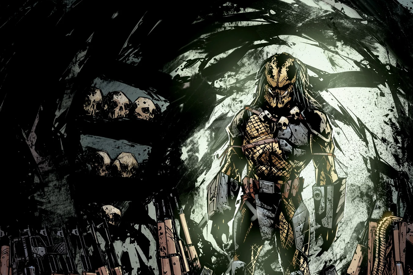 The Predator stands inside its cave lair among skulls and racks of human weapons in Predator: Hunters II