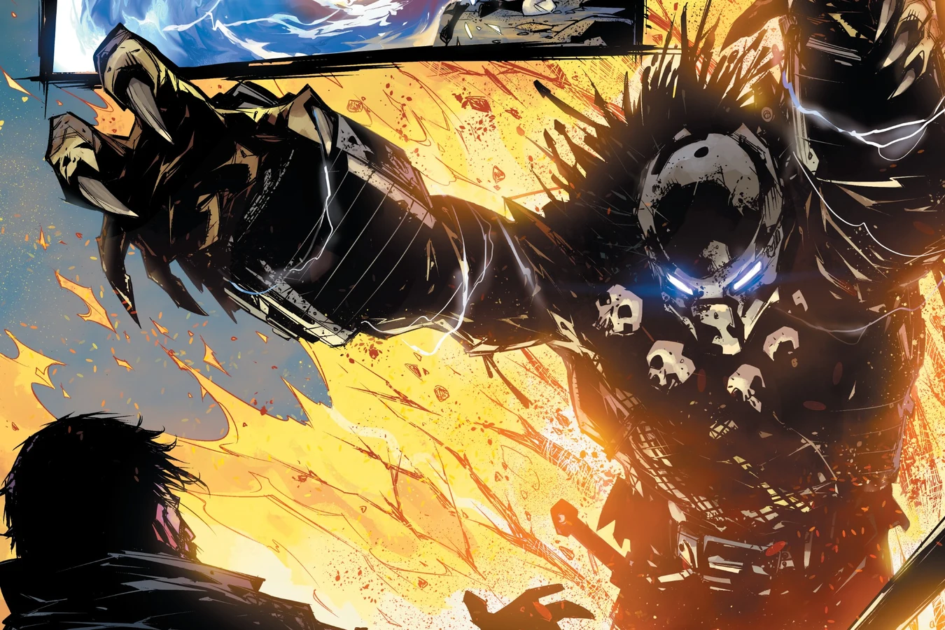 A burning Predator rises out of the flames during a night attack on insurgents in Predator: Hunters II