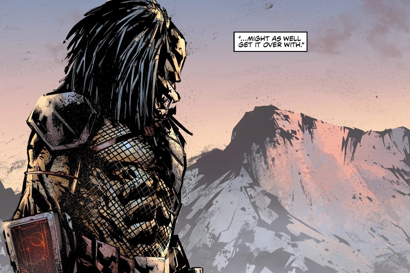 The Predator stands on a mountain slope above the valley at sunset in Predator: Hunters II