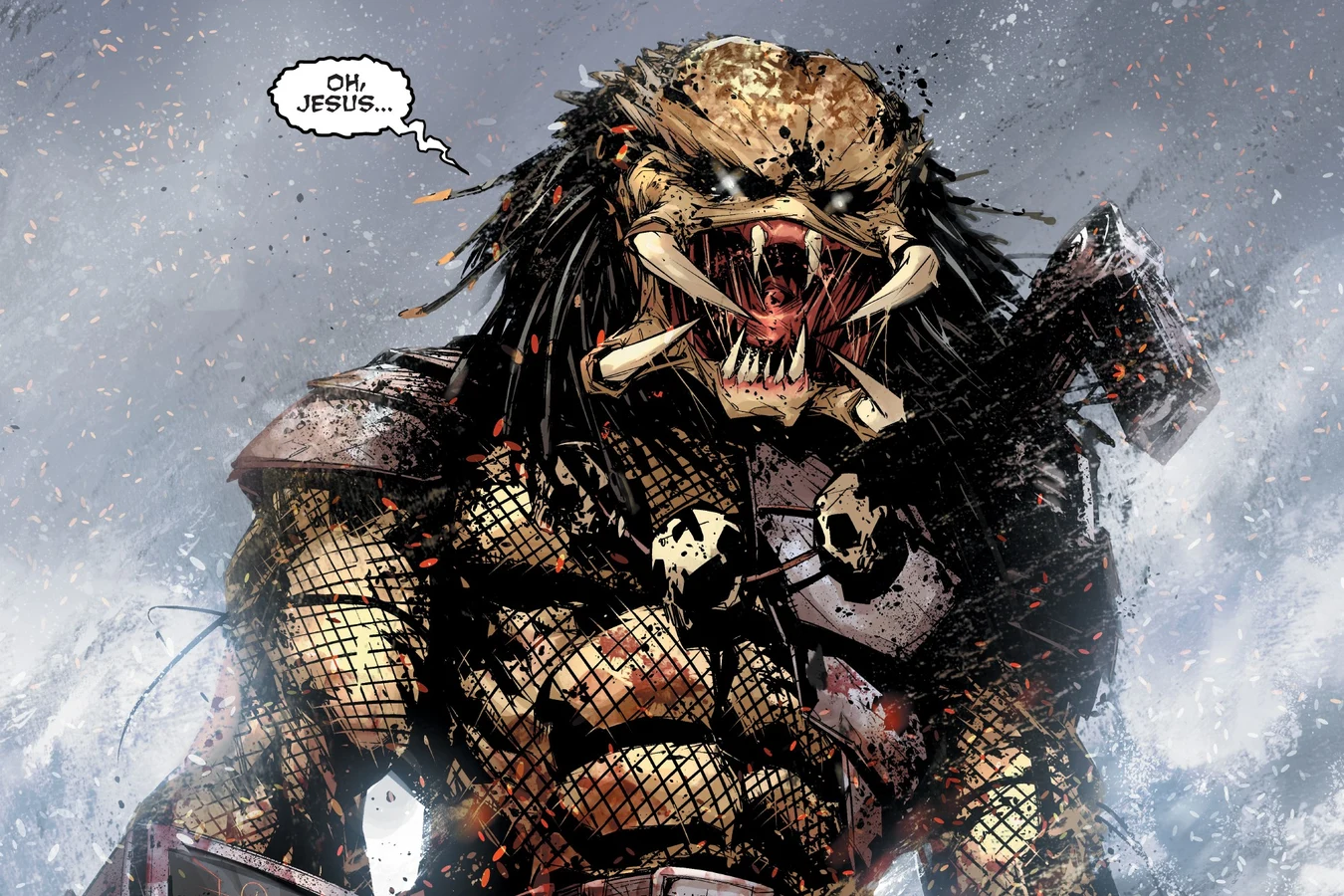 The Predator roars in the snow with trophies taken from Stargazer soldiers in Predator: Hunters II