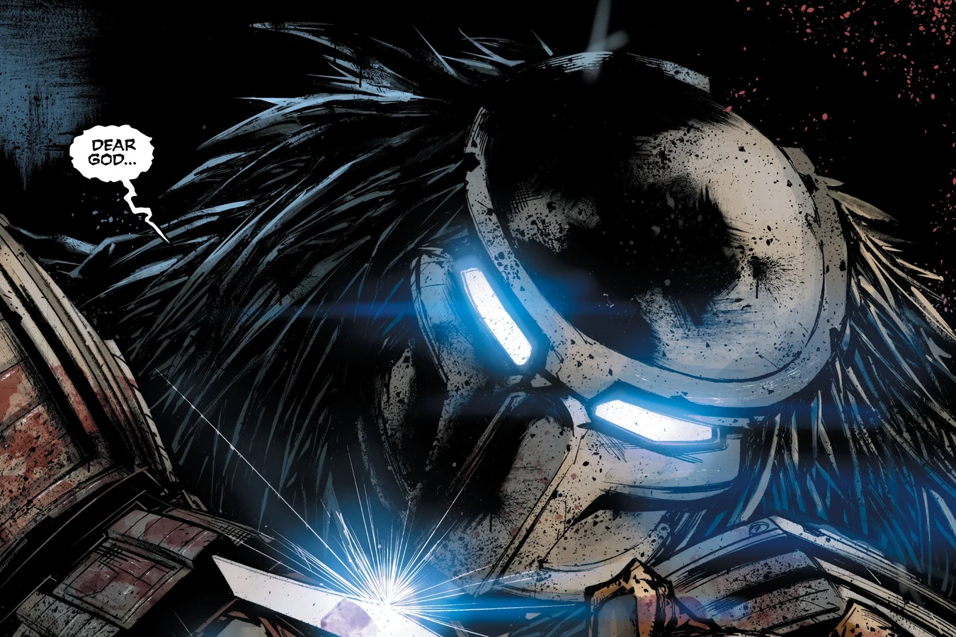 The Predator's mask glows blue as it raises its wristblades over an insurgent in Predator: Hunters II